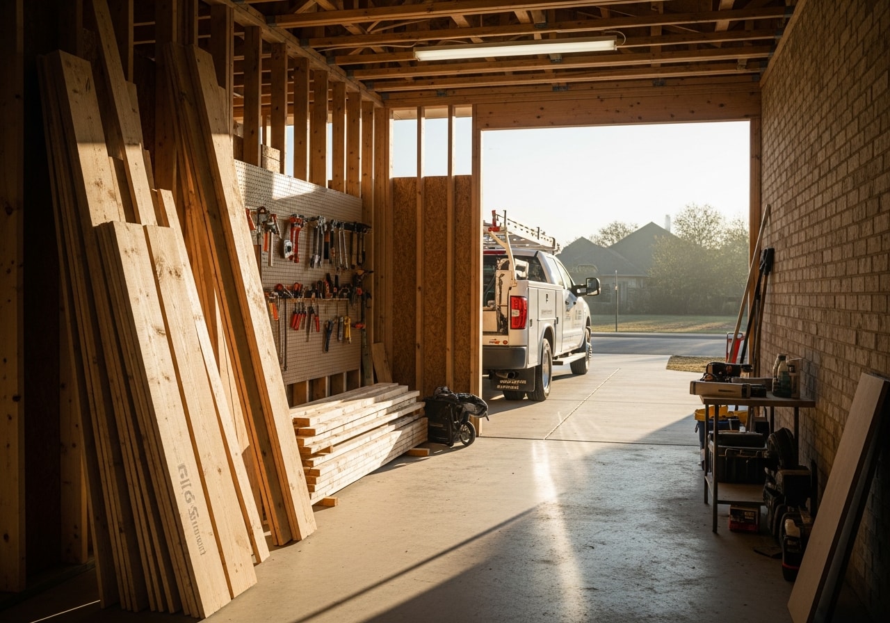 Construction crew and tools on a residential remodeling job site, showcasing professional equipment and workspace setup.