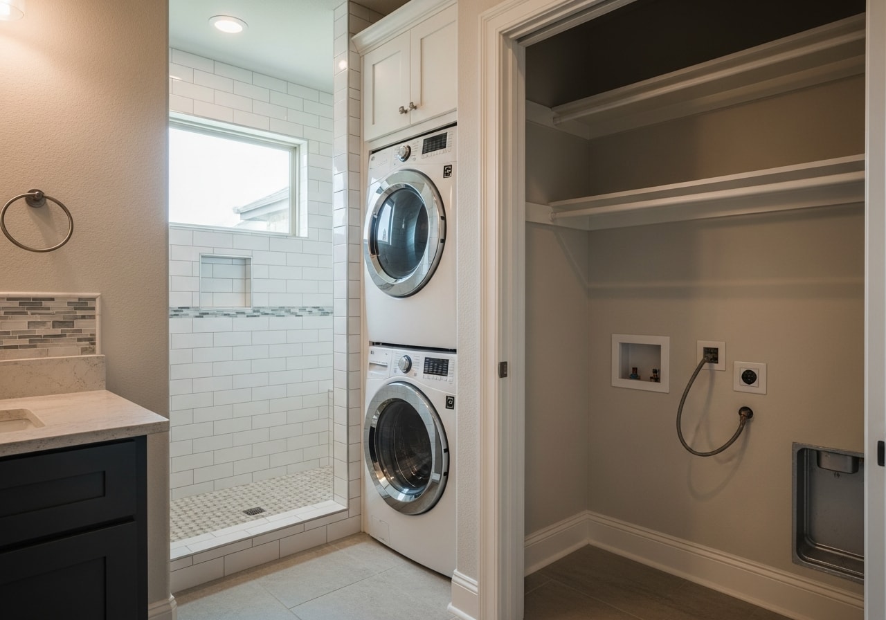 Renovated bathroom and laundry room with custom cabinetry, tile shower, and modern fixtures