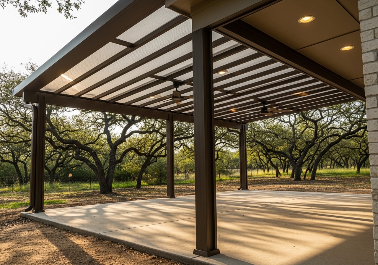 Composite patio cover with ceiling fans and recessed lighting over concrete patio in residential backyard