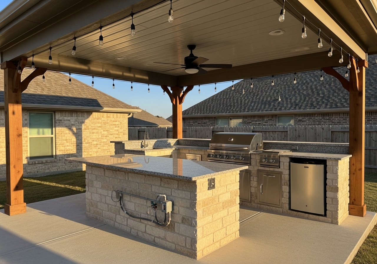 Covered patio with outdoor kitchen, gas grill, and granite countertops under aluminum roof structure
