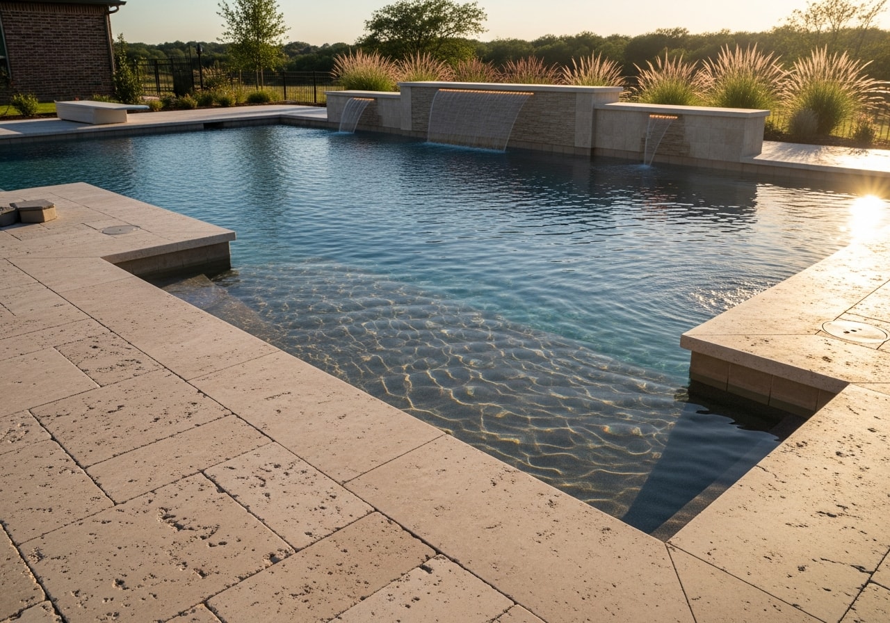 Saltwater swimming pool with travertine deck, water feature, and LED lighting in residential backyard