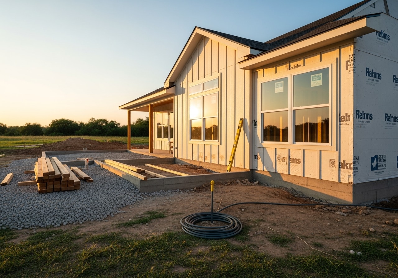New single-story guest house with modern siding, covered porch, and landscaping