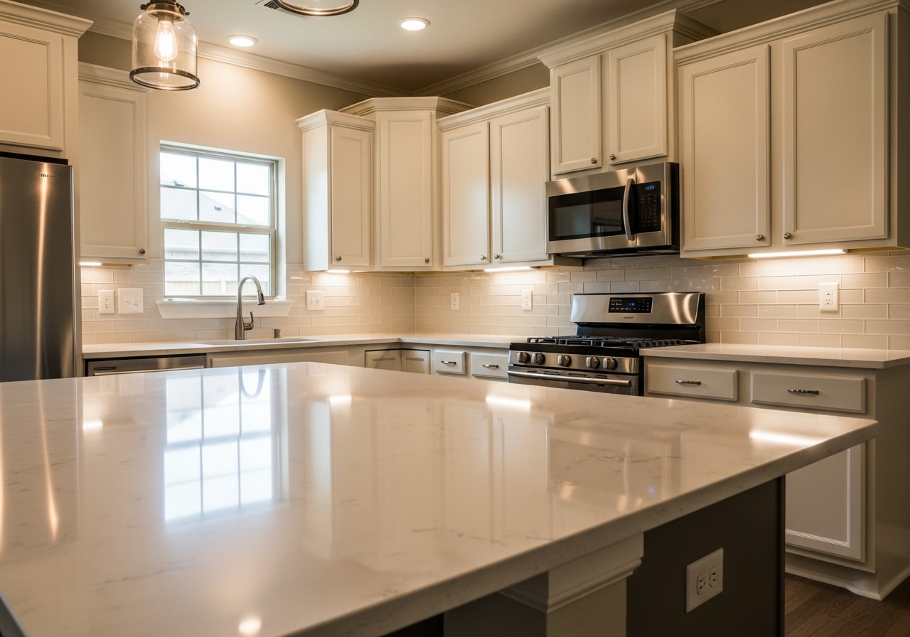 Modern kitchen with white cabinetry, quartz countertops, stainless appliances, and large island with seating