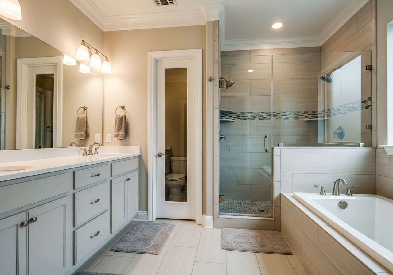 Luxury bathroom with white subway tile, heated floors, frameless shower enclosure, and double vanity