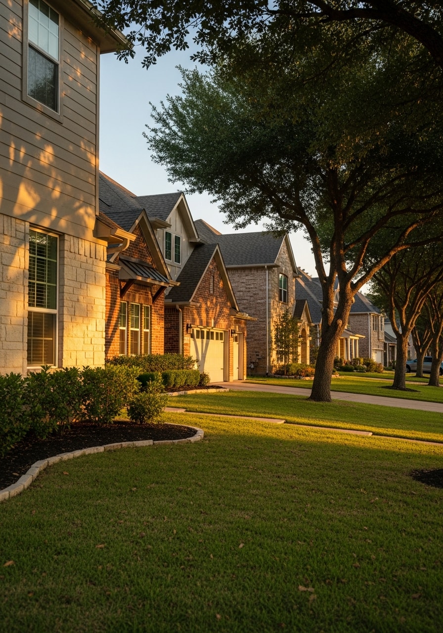 Street-level view of a North DFW residential area with mixed-age homes and mature trees, representing the region's blend of established and newer communities.