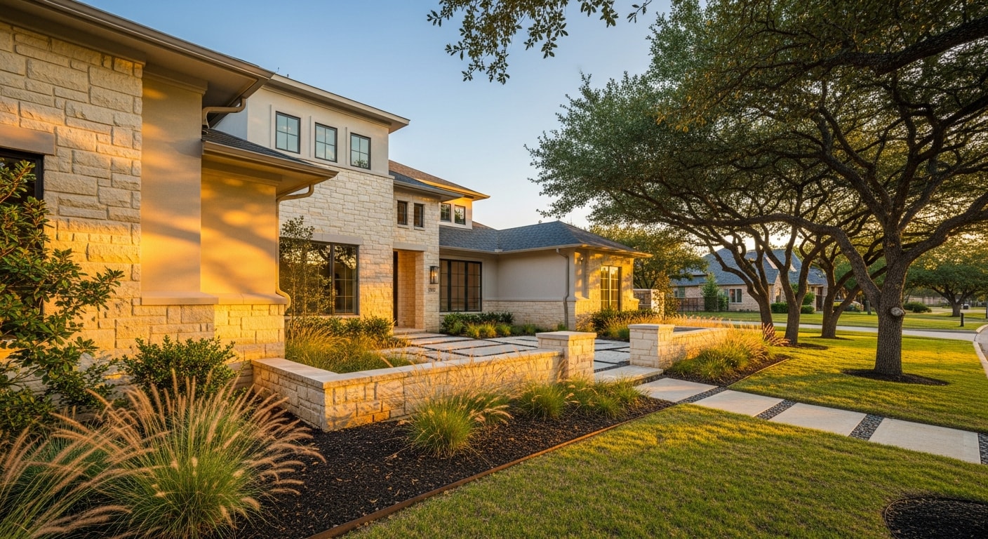 Modern Southlake home exterior with manicured landscaping and stone entry, representing quality residential work in an upscale community.