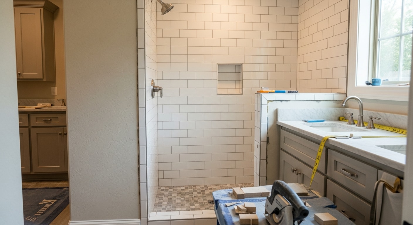 A fully remodeled primary bathroom in a Southlake, Texas home featuring a walk-in tile shower, updated dual vanity, and modern light fixtures. The space reflects the large floor plans typical of established Southlake residential neighborhoods.
