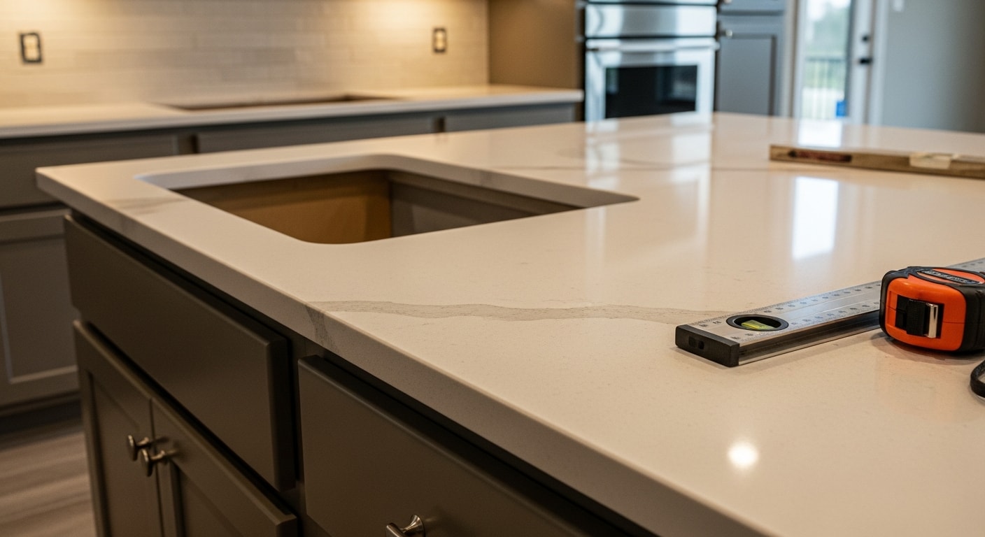 Newly installed stone countertop on a large kitchen island inside a Southlake, TX home, with clean edge profiles and a undermount sink cutout. The countertop surface runs continuously from the perimeter cabinets to the island, showing tight seams and level installation.