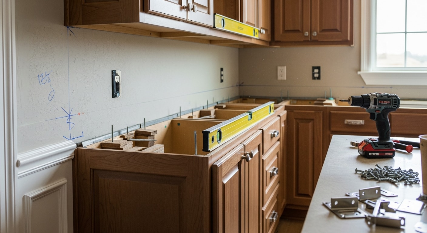 Newly installed custom kitchen cabinets in a Southlake, Texas home, showing floor-to-ceiling shaker-style cabinetry in a transitional kitchen with consistent hardware and fitted panel ends. Close view of cabinet runs anchored flush to painted walls with no visible gaps at corners or ceiling line.