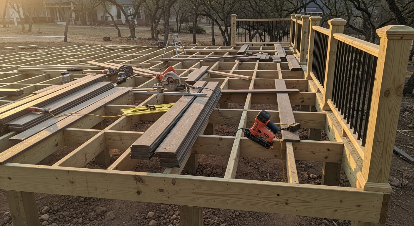 A newly constructed wood-framed deck attached to the back of a single-story Southlake home, featuring code-compliant railings and stair access to a landscaped backyard. The deck structure shows exposed post-and-beam framing suited for North Texas residential construction.