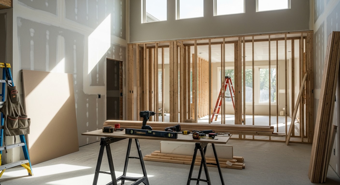 A fully renovated open-concept living and kitchen area inside a Southlake home, featuring new flooring, updated cabinetry, and reconfigured walls. The space shows the finished result of a full home renovation by a general contractor in Southlake, Texas.
