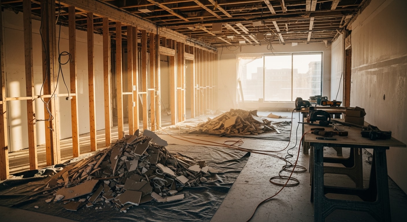 Interior demolition in progress inside a Southlake home, with walls stripped to the framing and debris staged for removal. The surrounding rooms remain intact and protected during the selective demo work.