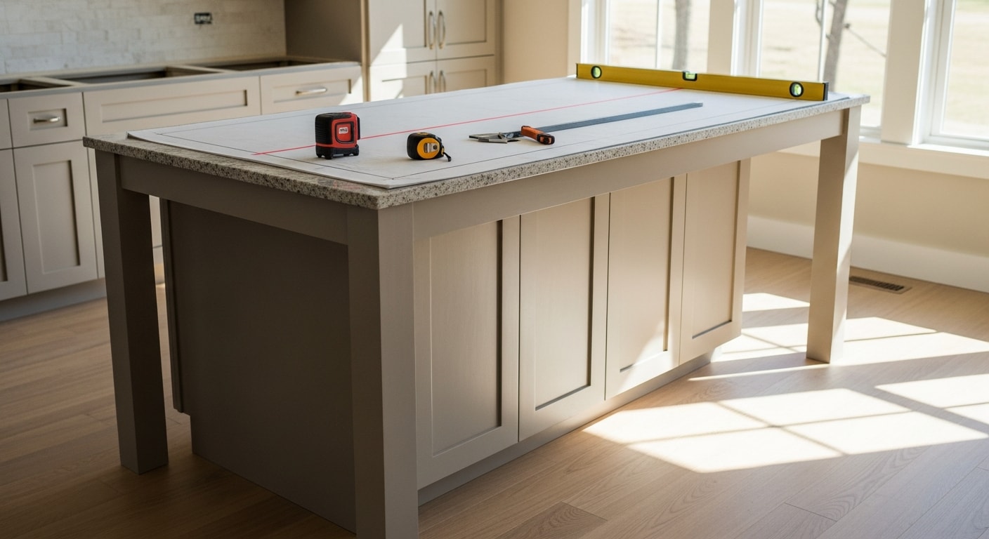 A newly installed custom kitchen island in a Southlake home featuring a stone countertop, built-in lower cabinets, and a seating overhang on one side. The island is centered in an open-concept kitchen with clear walkway clearance on all sides.