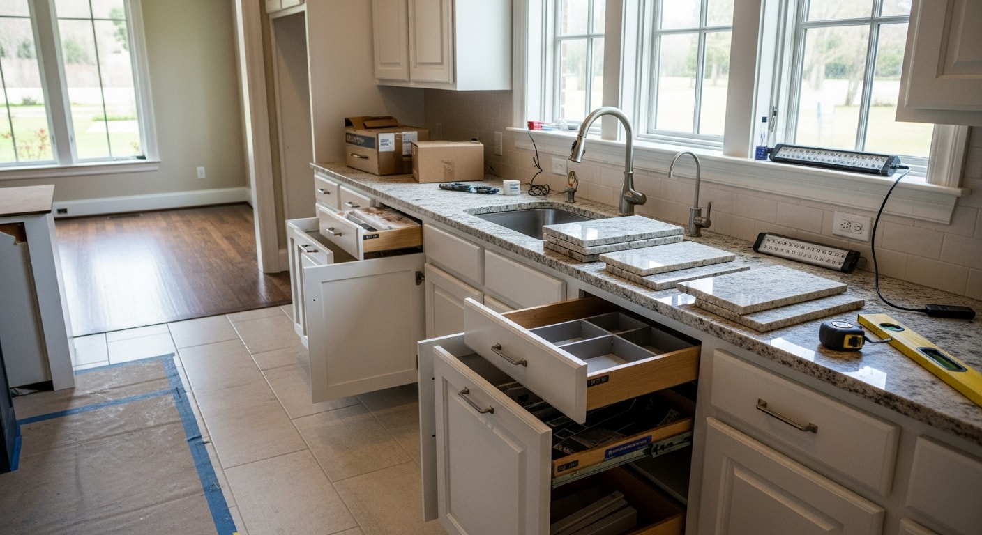 A remodeled kitchen inside a Southlake, Texas home featuring new cabinetry, stone countertops, and an open layout connecting to the main living area. The space reflects the large-format, high-finish interior style common in Southlake custom estates.