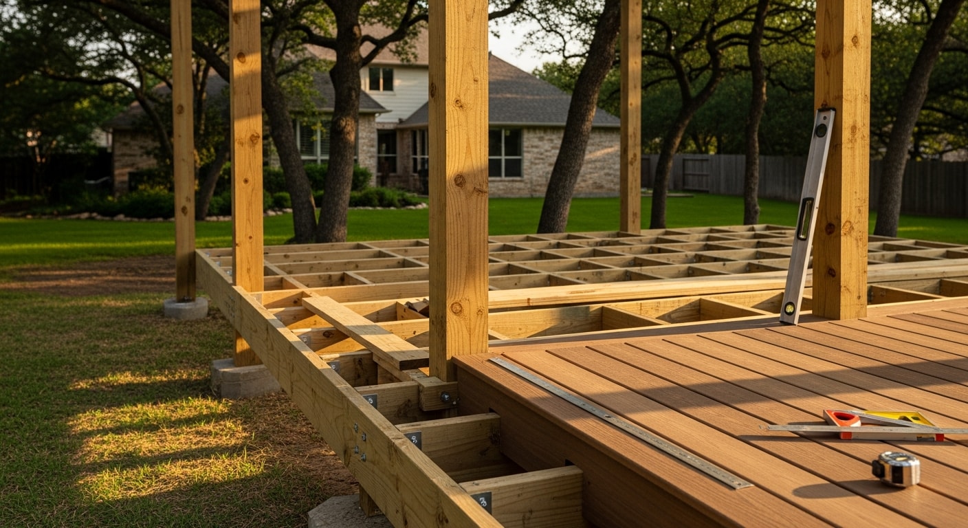 A custom-designed covered patio and deck combination at a Southlake, Texas home, featuring defined zones for outdoor dining and lounging with shade structure overhead. The structure connects directly to the home's rear exterior and overlooks a landscaped backyard.