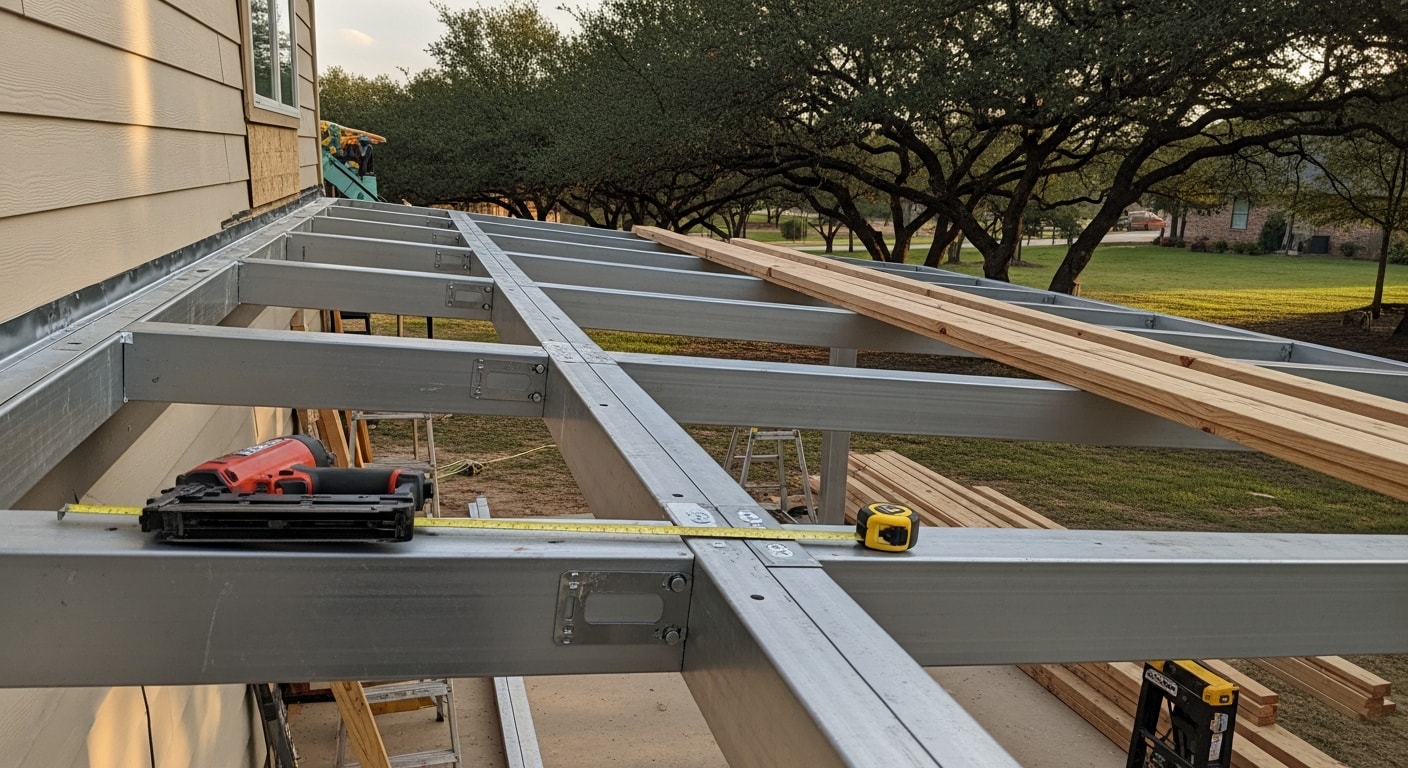 A newly installed attached patio cover on a Southlake, Texas home, featuring a gabled roofline that matches the house exterior and shades a concrete patio with outdoor seating. The structure extends the full width of the back of the home and is photographed on a clear afternoon.