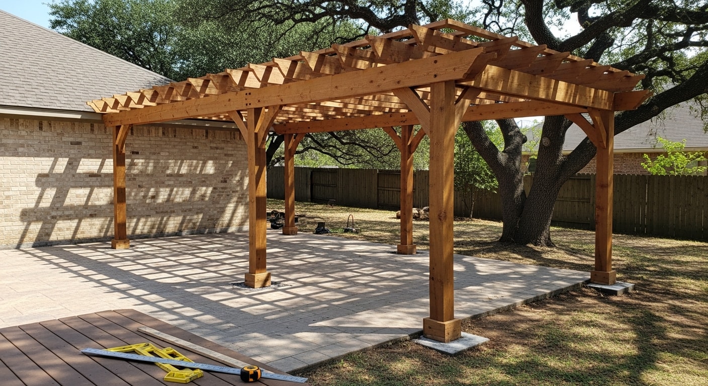 A custom wood pergola installed over a backyard patio in Southlake, Texas, with open rafters casting shade across an outdoor seating area. The structure is attached to the rear of a single-story home with a clean beam-and-post frame visible against a clear Texas sky.