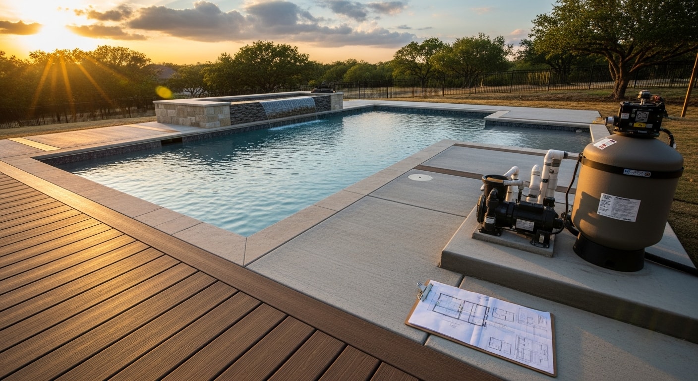 A finished in-ground pool with a connected concrete patio and coping in a Southlake, Texas backyard. The pool and surrounding hardscape are built as one continuous outdoor living space on a residential lot.