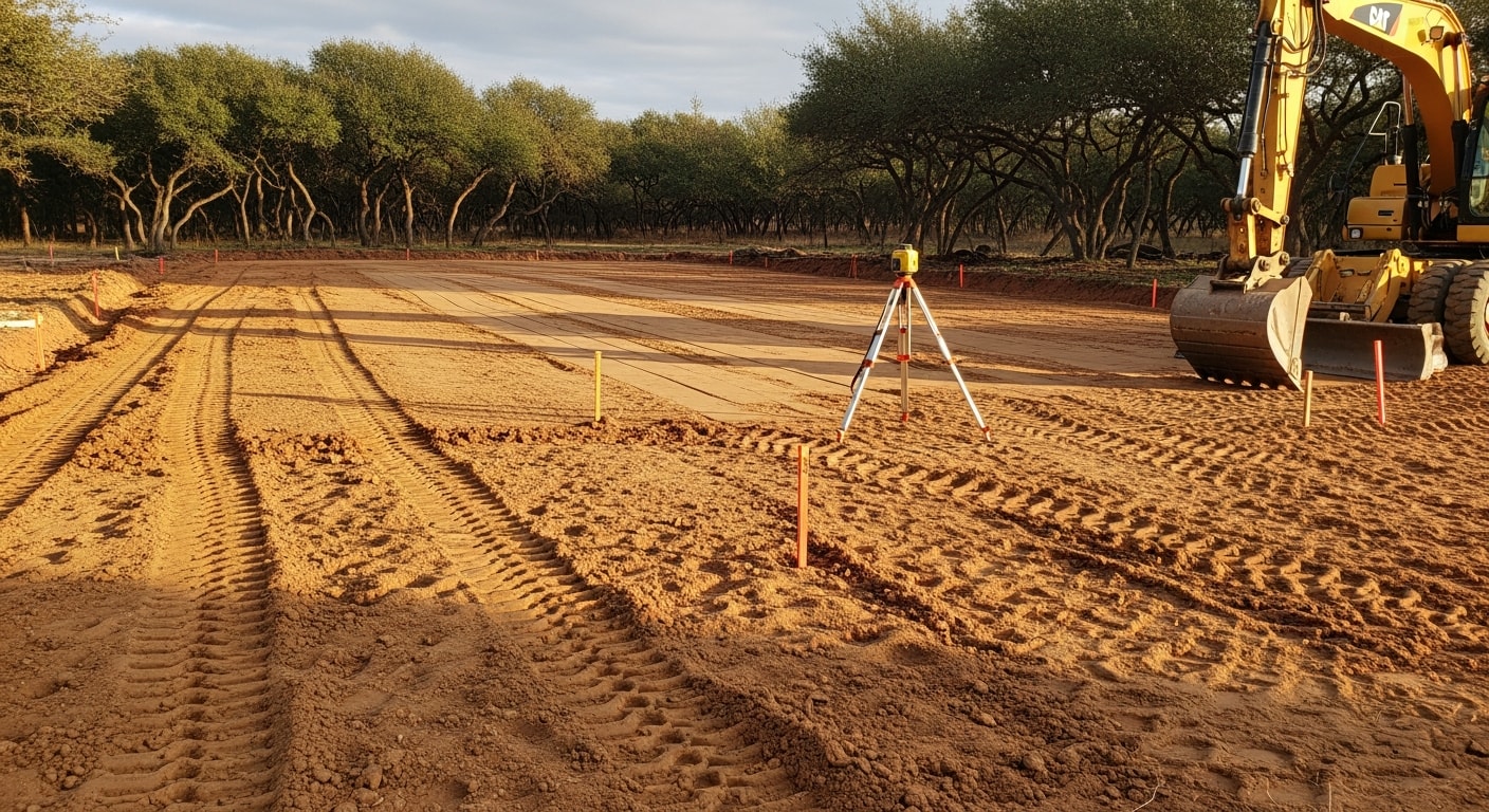 A graded and compacted building pad on a cleared residential lot in Southlake, Texas, ready for foundation work. Excavated soil is visible along the lot perimeter with drainage slopes shaped away from the building footprint.
